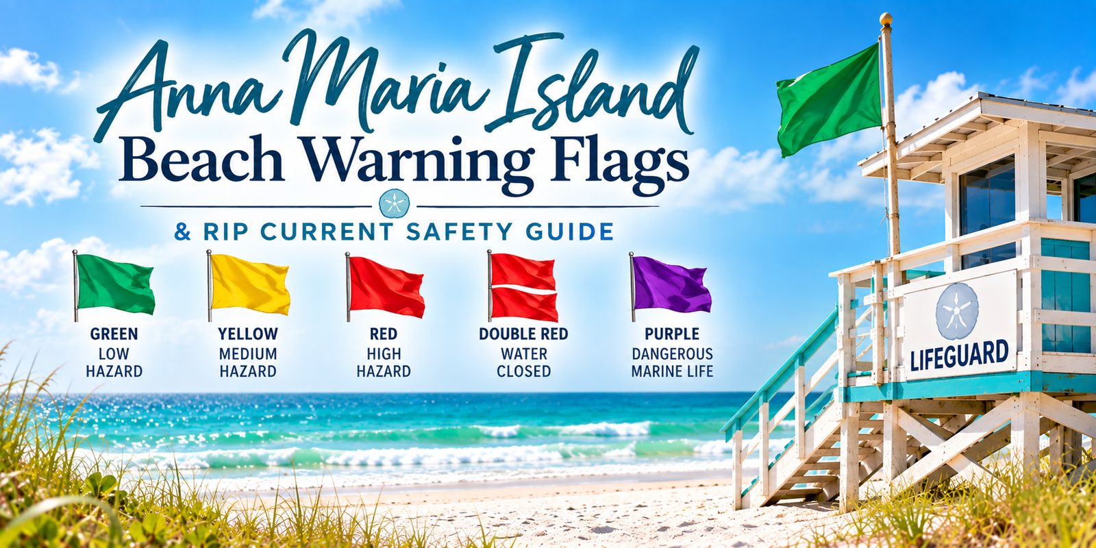 Anna Maria Island beach warning flags and rip current safety guide showing green, yellow, red, double red and purple beach flags